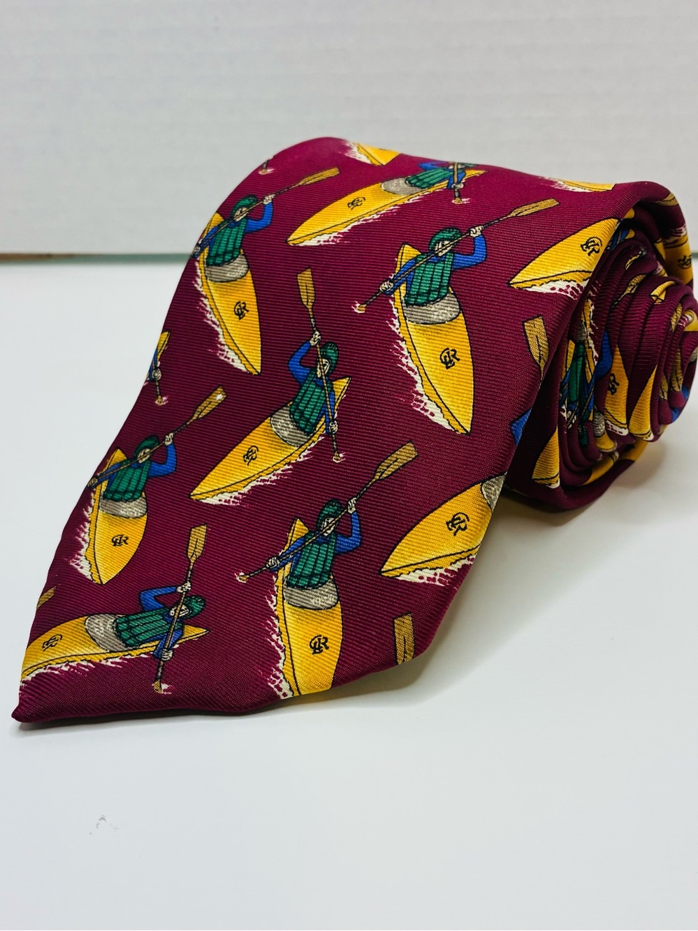 Vintage Chaps Ralph Lauren Silk Tie Maroon Kayak Canoe Novelty 60" x 3.75" EUC